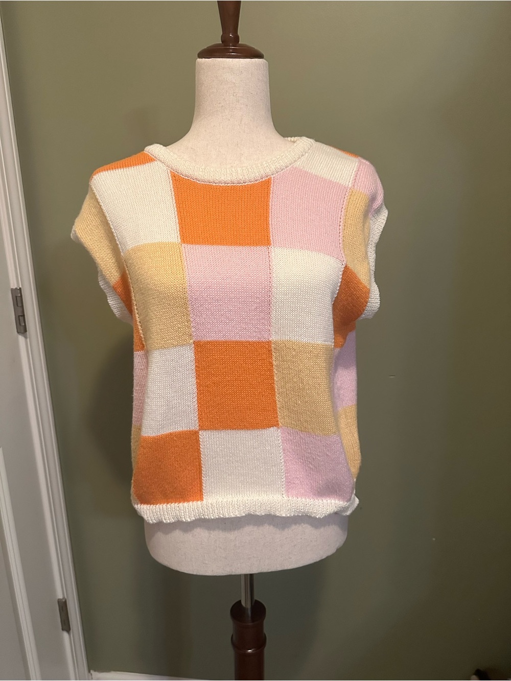 Colorblock Knit Sleeveless Sweater Vest in Cream, Orange, Pink, Yellow